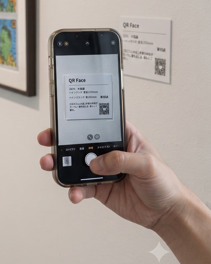 作品横のキャプションのQRコードをスマホのカメラで読み取っている様子